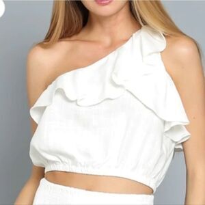 Pink Rose White Ruffle One Shoulder Sleeveless Crop Top Size small